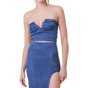 NEW LINE AND DOT joey denim top with ruched front detail in blue